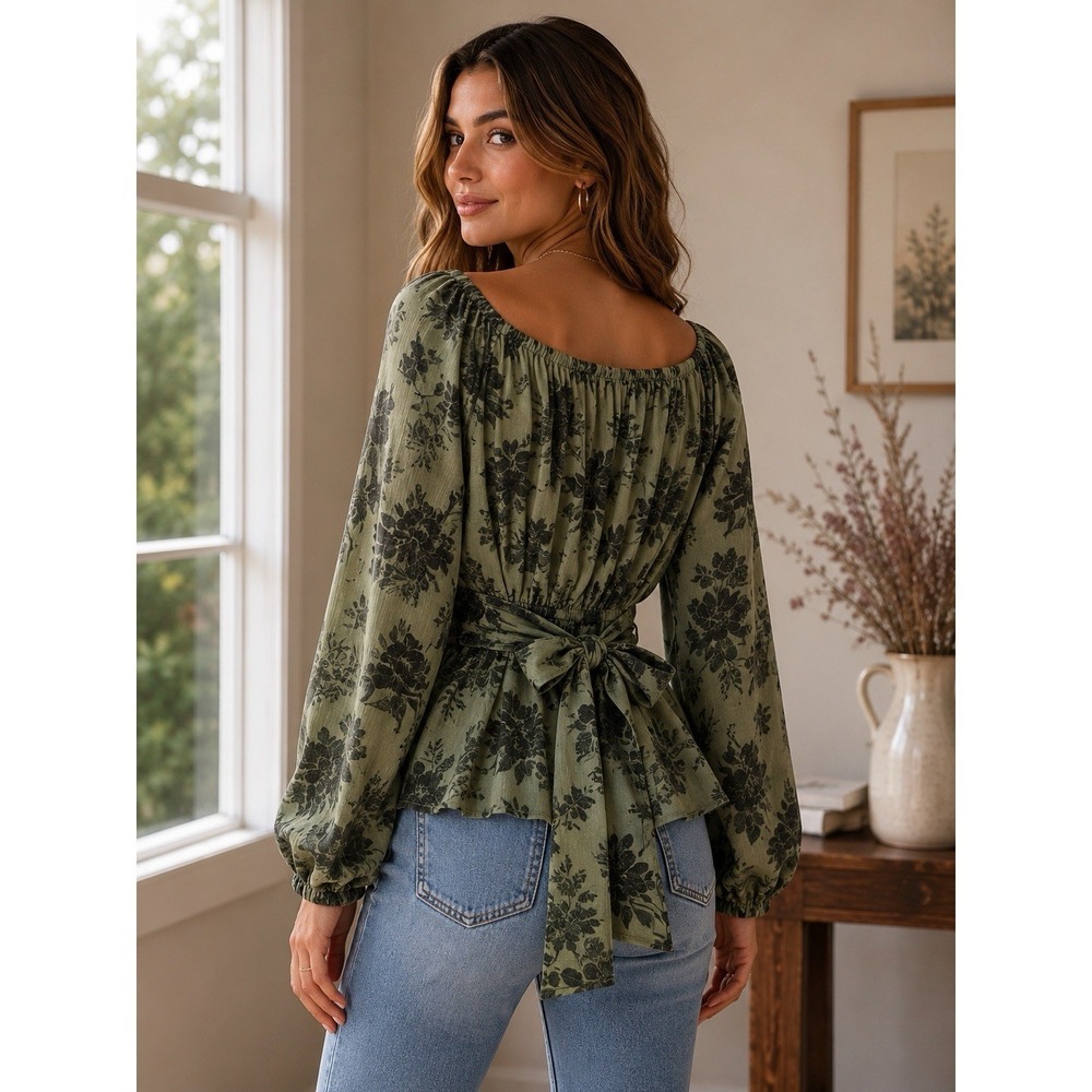 Women's Olive Green Floral Wrap Peplum Blouse L Square Neck Balloon Sleeve Top - Picture 2 of 10